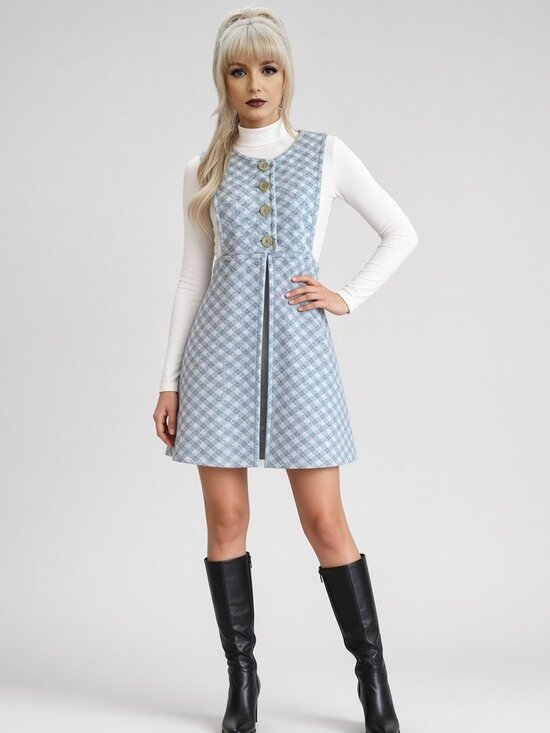 Vintage Dresses & Skirts - Vintage 1970s Gray Plaid Vest Top, Open Front Mini Dress Small